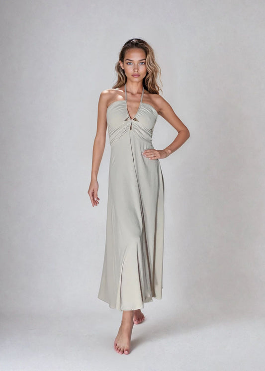 HALTER RUCHED MAXI DRESS IVORY
